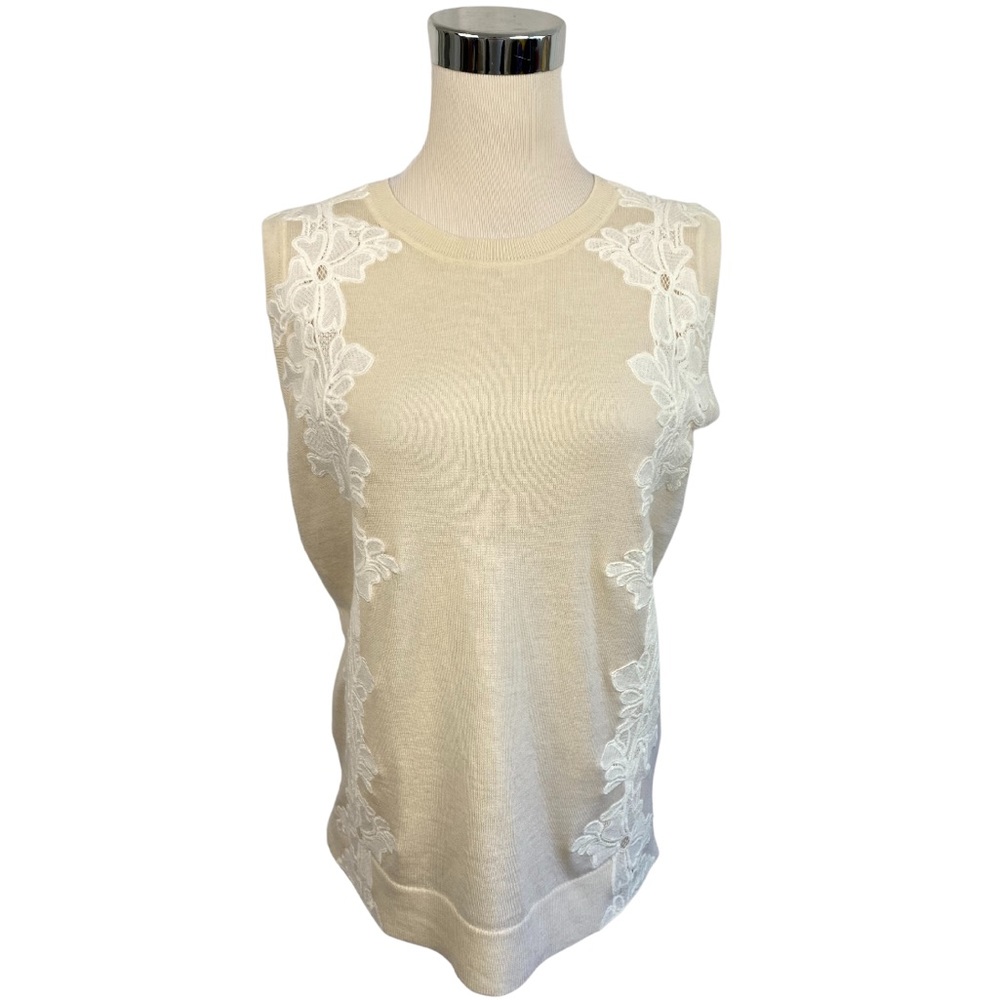 Banana Republic Fine Gauge Merino Wool Lace Embroidery Knit Top Size M Cream